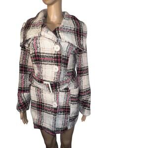 Route 66 Juniors size L, Pink Plaid Wool Blend Belted Pea Coat Cape Collar